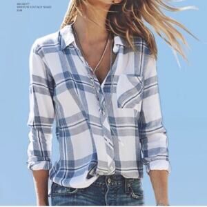 Rails Hunter Plaid Shirt Women’s Small White/Indigo Rayon Button Down Good